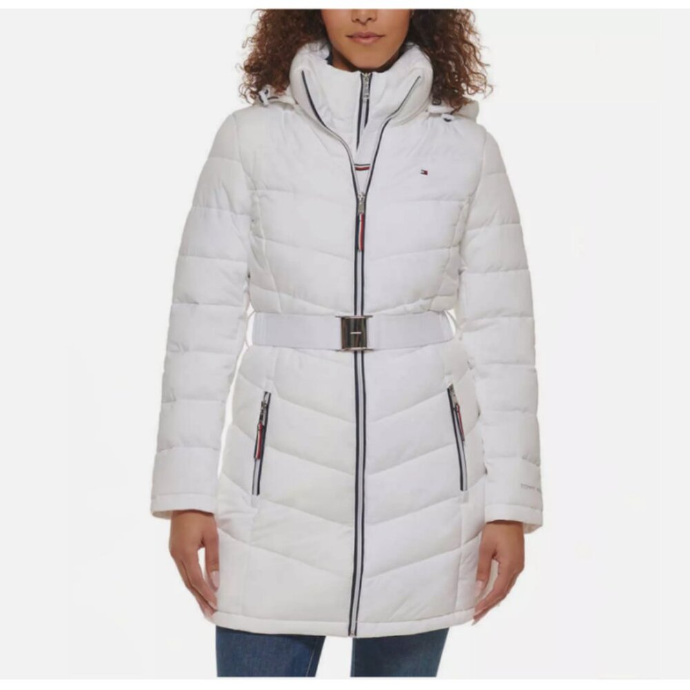 NEW! Tommy Hilfiger Ladies' Belted Puffer Jacket with Removable Hood, White